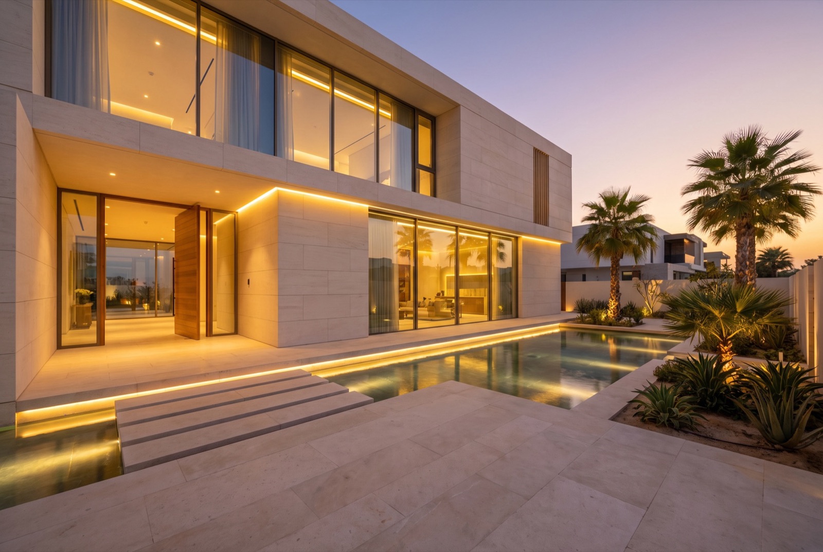 Modern luxury villa at golden hour